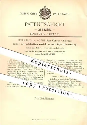 original Patent - Peter Früh in Hofen , Post Wengen bei Kempten , 1906 , Spindel , Spindeln , Holzspindel !!!