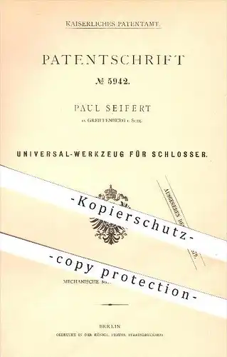 original Patent - P. Seifert , Greiffenberg , Schlesien , 1878 , Werkzeug für Schlosser , Schlosserei , Werkzeuge !!!