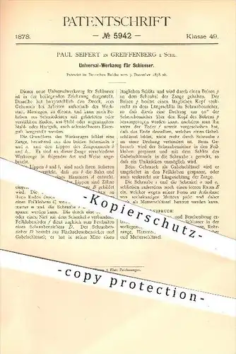 original Patent - P. Seifert , Greiffenberg , Schlesien , 1878 , Werkzeug für Schlosser , Schlosserei , Werkzeuge !!!