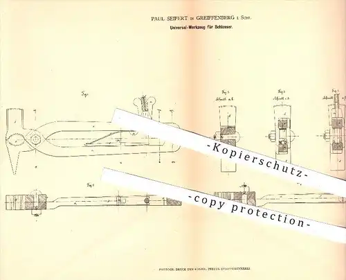 original Patent - P. Seifert , Greiffenberg , Schlesien , 1878 , Werkzeug für Schlosser , Schlosserei , Werkzeuge !!!