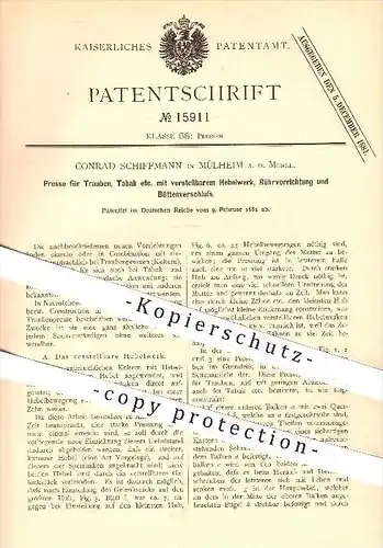 original Patent - C. Schiffmann , Mülheim , Mosel , 1881 , Presse für Trauben , Tabak mit Hebelwerk, Rührvorrichtung !!