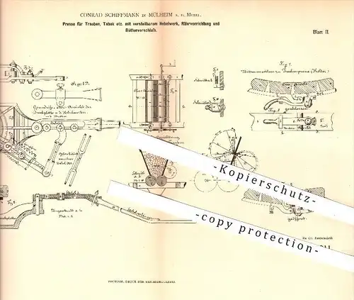 original Patent - C. Schiffmann , Mülheim , Mosel , 1881 , Presse für Trauben , Tabak mit Hebelwerk, Rührvorrichtung !!