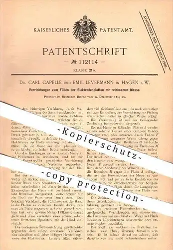 original Patent - Dr. Carl Capelle & Emil Levermann , Hagen , 1899 , Füllen der Elektroden - Platten mit wirksamer Masse