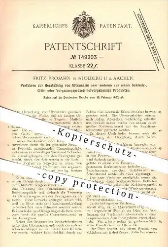 original Patent - Fritz Projahn in Stolberg II bei Aachen , 1902 , Herstellung von Ultramarin , Schmelzen , Glühen !!!