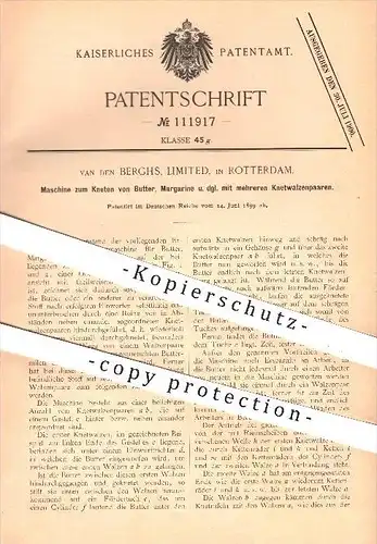 original Patent - van den Berghs , Limited , Rotterdam , 1899 , Maschine zum Kneten von Butter , Margarine , Walzen !!!