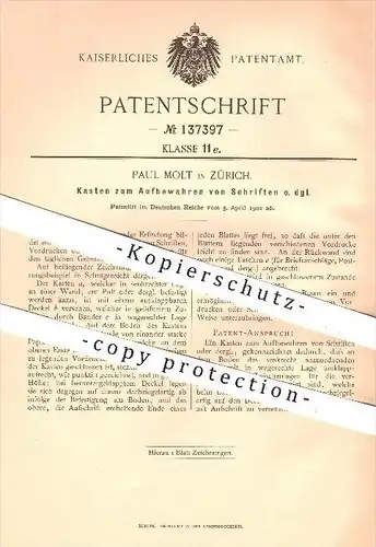 original Patent - Paul Molt in Zürich , 1902 , Kasten zum Aufbewahren von Schriften , Schriftstücke , Papier , Vordrucke