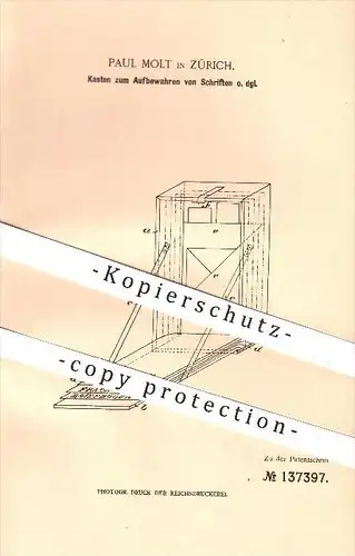 original Patent - Paul Molt in Zürich , 1902 , Kasten zum Aufbewahren von Schriften , Schriftstücke , Papier , Vordrucke