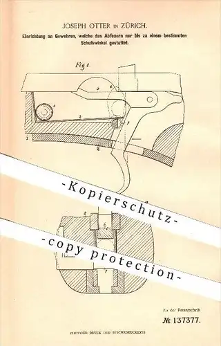 original Patent - Joseph Otter in Zürich , 1902 , Einrichtung an Gewehren , Gewehr , Waffen , Geschosse , Abfeuern !!!