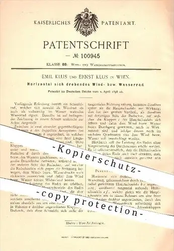 original Patent - Emil und Ernst Klus in Wien , 1898 , Horizontal sich drehendes Windrad bzw. Wasserrad , Windkraft !!!