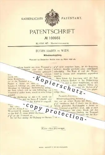 original Patent - Eugen Haber in Wien , 1898 , Mitnehmerkupplung , Kupplung , Kupplungen , Fahrzeugbau !!!