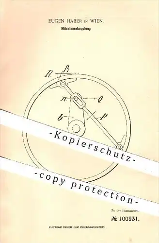 original Patent - Eugen Haber in Wien , 1898 , Mitnehmerkupplung , Kupplung , Kupplungen , Fahrzeugbau !!!