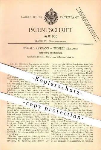 original Patent - Oswald Assmann in Tegelen , Holland , 1894 , Schaltwerk mit Hemmung , Maschinen !!!