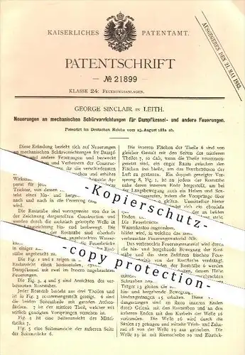 original Patent - George Sinclair , Leith , 1882 , mechanische Schürvorrichtungen für Dampfkessel - u. andere Feuerungen