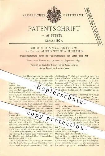 original Patent - W. Lessing , Geseke und Dr. A. Wolff , Elberfeld , 1901 , Druckluft für Öfen , Ofenbau , Wuppertal !!!