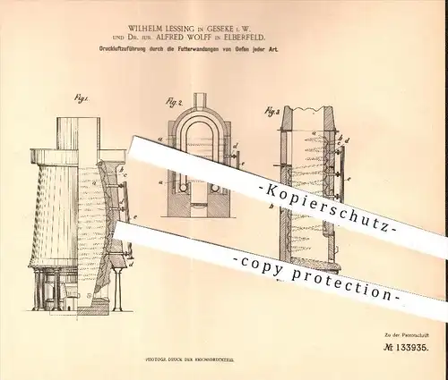 original Patent - W. Lessing , Geseke und Dr. A. Wolff , Elberfeld , 1901 , Druckluft für Öfen , Ofenbau , Wuppertal !!!