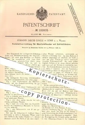 original Patent - Johann Jakob Eisele in Lehe , Weser , 1898 , Oberlichtfenster mit Schließfedern , Fenster , Fensterbau