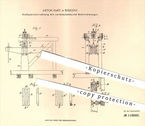 original Patent - Anton Raky in Erkelenz , 1899 , Tiefbohren mit zurückziehbarem Bohrschwengel , Bohren , Bohrer !!!