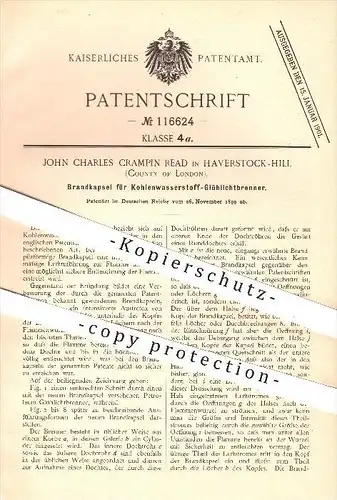 original Patent - John Ch. Crampin Read , Haverstock-Hill , London , 1899 , Brandkapsel für Kohlenwasserstoff - Brenner