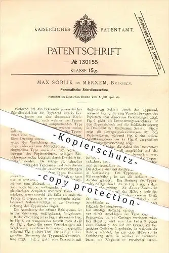 original Patent - Max Soblik in Merxem , Belgien , 1900 , Pneumatische Schreibmaschine , Schreiben , Schreibmaschinen !
