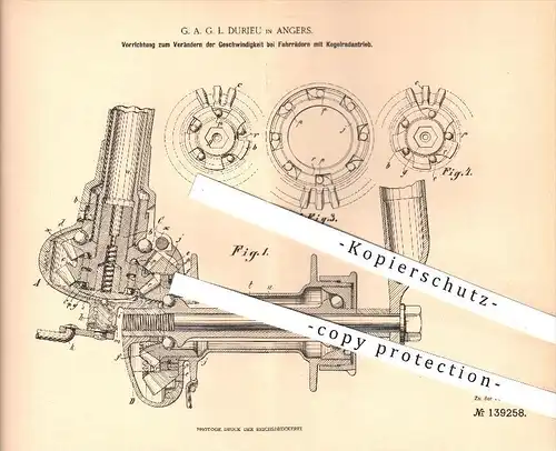 original Patent - G. A. G. L. Durieu in Angers , 1902 , Verändern der Geschwindigkeit beim Fahrrad mit Kegelantrieb !!!