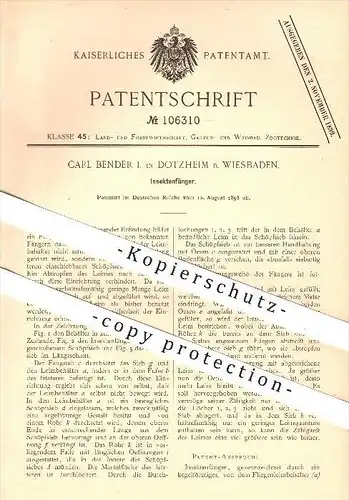 original Patent - Carl Bender I. in Dotzheim bei Wiesbaden , 1898 , Insektenfänger , Fliegenfänger , Insekten , Fänger !