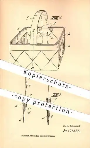 original Patent - Fehr & Wolff AG in Habelschwerdt , 1905 , Korb mit abnehmbarem Henkel , Körbe , Korbmacher , Spankorb