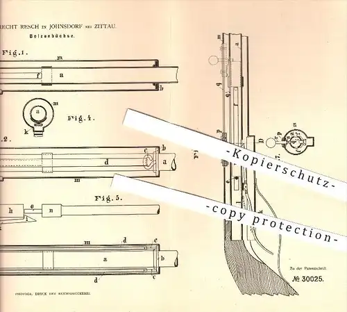 original Patent - Albrecht Resch in Johnsdorf bei Zittau , 1884 , Bolzenbüchse , Gewehr , Gewehre , Waffen , Büchse !!