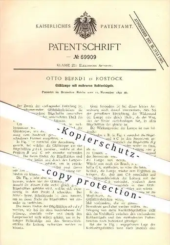 original Patent - Otto Berndt , Rostock , 1892 , Glühlampe mit mehr Kohlenbügeln , Glühlampen , Elektriker , Mecklenburg