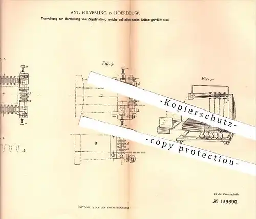 original Patent - Ant. Hilverling in Hoerde , Herstellung von Ziegelsteinen , Ziegelsteine , Ziegel , Steine , Ziegelei