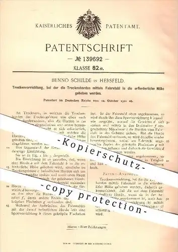 original Patent - Benno Schilde , Hersfeld , 1901 , Trockenvorrichtung mit Fahrstuhl zum Hochheben , Trockner , Trocknen