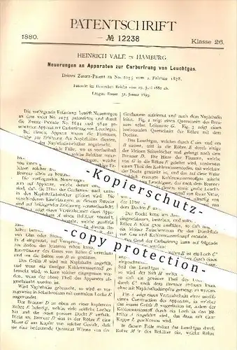 original Patent - Heinrich Vale , Hamburg , 1880, Kaburierung von Leuchtgas , Gas , Brenner , Gasbereitung , Beleuchtung