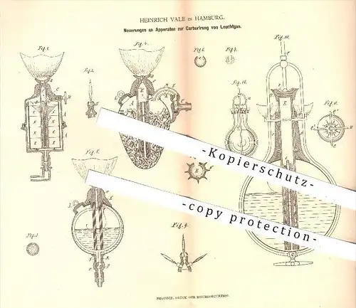 original Patent - Heinrich Vale , Hamburg , 1880, Kaburierung von Leuchtgas , Gas , Brenner , Gasbereitung , Beleuchtung