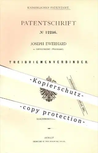 original Patent - Joseph Ewerhard in Gevelsberg , 1880 , Treibriemenverbinder , Riemen , Treibriemen , Maschinen !!!