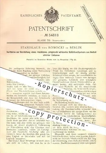 original Patent - Stanislaus von Romocki , Berlin , 1889 , Herstellung von Schießwollpulver , Schießpulver , Sprengstoff