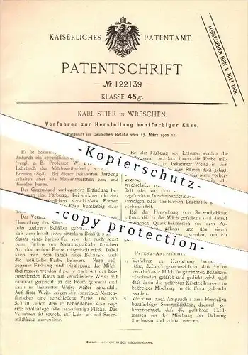 original Patent - Karl Stier in Wreschen , 1900 , Herstellung buntfarbiger Käse , Käserei , Milch , Lebensmittel !!!