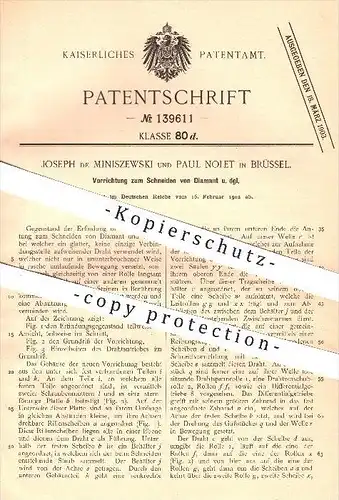 original Patent - Joseph de Miniszewski und Paul Nolet in Brüssel , 1902 , Vorrichtung zum Schneiden von Diamant !!!