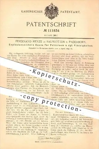 original Patent - Ferdinand Henze , Salzkotten , Paderborn , 1899 , Explosionssichere Kanne für Petroleum , Öl , Kannen