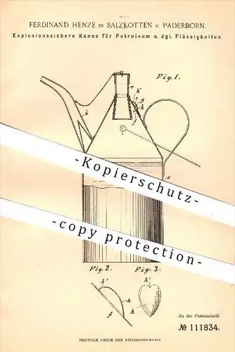 original Patent - Ferdinand Henze , Salzkotten , Paderborn , 1899 , Explosionssichere Kanne für Petroleum , Öl , Kannen