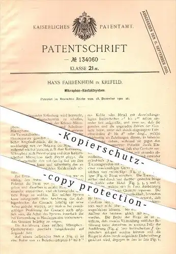 original Patent - Hans Fahrenheim in Krefeld , 1901 , Mikrophon - Kontaktsystem , Mikrofon , Mikrofone , Kontakte !!!