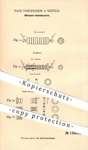 original Patent - Hans Fahrenheim in Krefeld , 1901 , Mikrophon - Kontaktsystem , Mikrofon , Mikrofone , Kontakte !!!