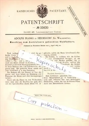 Original Patent - A. Franke in Hermsdorf  b. Waldenburg / Walbrzych , 1885 , Zerkleinern gekochten Viehfutters !!!