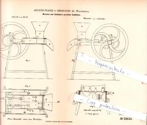 Original Patent - A. Franke in Hermsdorf  b. Waldenburg / Walbrzych , 1885 , Zerkleinern gekochten Viehfutters !!!