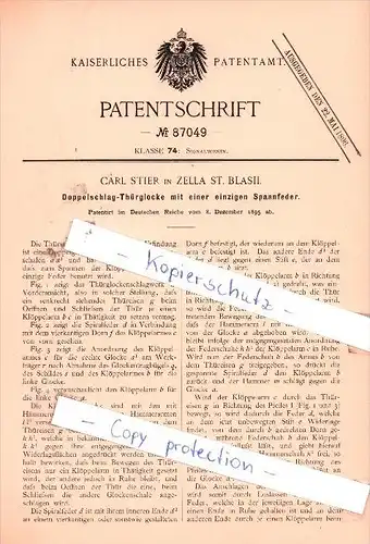 Original Patent - C. Stier in Zella St. Blasii / Zella-Mehlis , 1895 , Doppelschlag-Thürglocke mit einer Spannfeder !!!