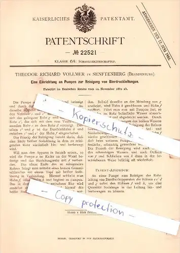 Original Patent - T. R. Vollmer in Senftenberg , Brandenburg , 1882 , Schankgeräthschaften !!!