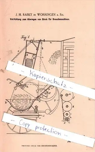 Original Patent - J. H. Rasky in Worringen a. Rh. , 1901 , Abwiegen von Stroh für Dreschmaschinen !!!