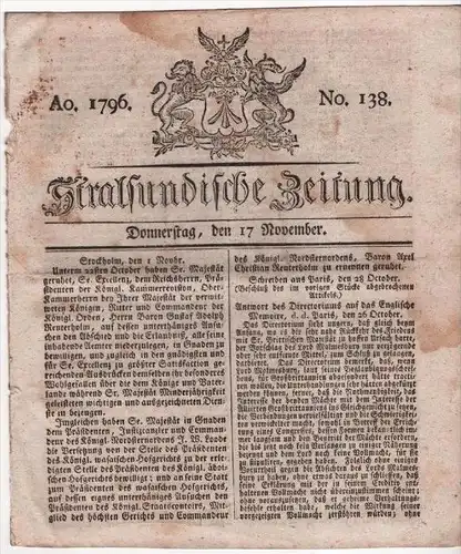 ZEITUNG STRALSUND 1796 ,  Mecklenburg , KRIEG in ITALIEN , Revolutionskrieg am RHEIN Schlacht bei FREIBURG !!!