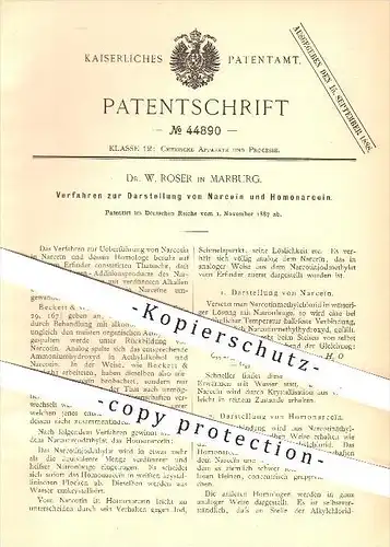 original Patent - Dr. W. Roser in Marburg  , 1887 , Darstellung von Narceïn und Homonarceïn , Chemie !!!