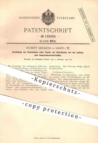 original Patent - Hubert Seifarth , Haspe , 1900 , Herstellung von Kunststeinen , Stein , Steine , Sand , Schlacke !!
