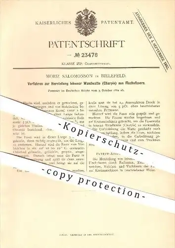 original Patent - Moriz Salomonson , Bielefeld , 1882 , Herstellung leinener Wundwatte aus Flachs - Fasern , Charpie !!!