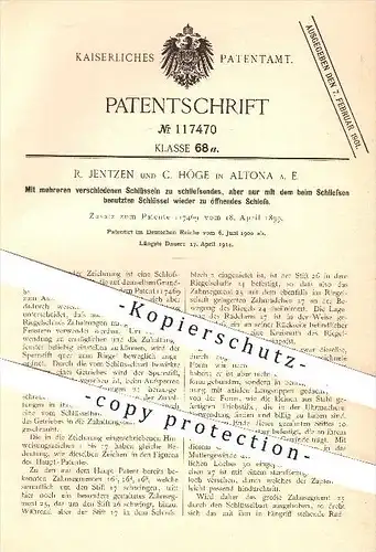 original Patent - R. Jentzen , C. Höge in Altona , 1900 , Schloss mit mehreren Schlüsseln , Türschloss , Tür , Schlosser